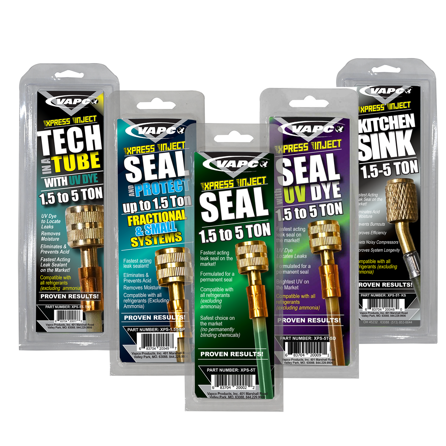 Sealant Injects: Stop refrigerant leaks, protect your AC system. Includes Xpress Seal, Seal and Protect, Kitchen Sink, Seal with UV Dye, Tech in a Tube, and Kitchen Sink with UV Dye.