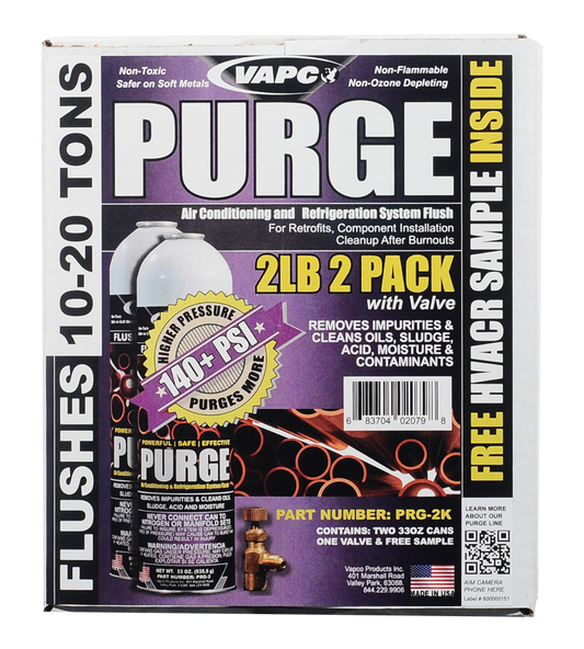 Supercharge your HVACR cleaning with the ultimate value pack! This bundle includes two 2 lb cans of PURGE Line Set Flush, the industry's most powerful flush with over 140+ PSI of cleaning muscle. Each can tackles up to 5-10 tons, giving you enough cleaning power for up to 20 tons of HVACR systems – perfect for larger projects or multiple cleanings.