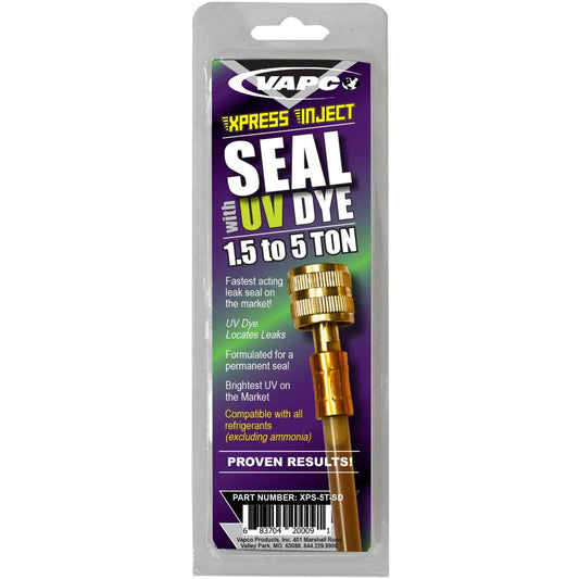 SEAL WITH UV DYE is a combo Xpress Inject formulated with the fastest-acting sealer and the brightest UV dye on the market. Designed to easily locate and permanently seal small to micro-sized leaks. Seal with UV Dye locates and forms seals fast by traveling with the refrigerant’s gas instead of oil. Reacts to water and air when in contact with the atmosphere, and creates a permanent seal.