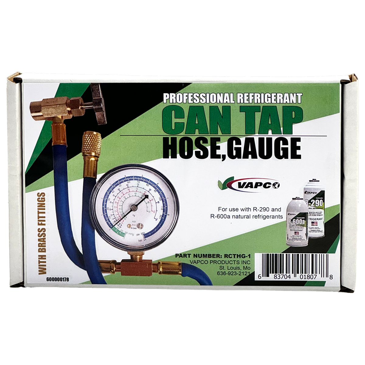 CAN TAP, HOSE, AND GAUGE is designed to tap, connect, and monitor the pressure of R-290 and R-600a refrigerants. It includes a 20″ long hose, a gauge for scale readings, and a 1/2″ ACME can tap end.