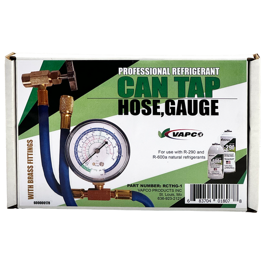 CAN TAP, HOSE, AND GAUGE is designed to tap, connect, and monitor the pressure of R-290 and R-600a refrigerants. It includes a 20″ long hose, a gauge for scale readings, and a 1/2″ ACME can tap end.