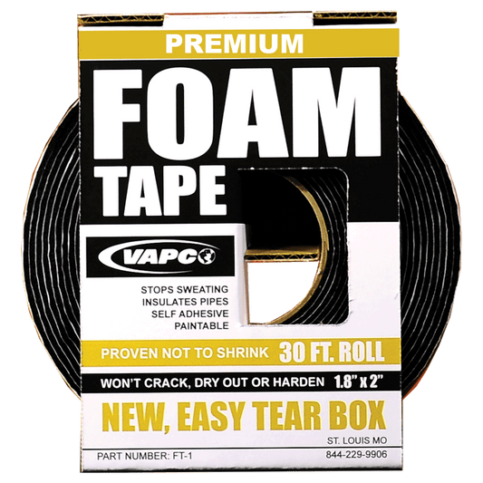 Beat the Sweat: Vapco Foam Tape - The All-in-One Insulation Solution  Tired of condensation dripping from your cold pipes? Introducing Vapco Premium Foam Tape, the builder-grade solution that effectively stops sweating on pipes used in refrigeration, freezers, and air conditioning systems.